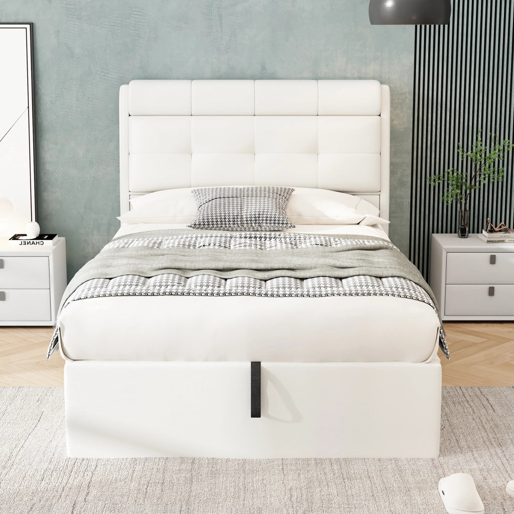 Letto Contenitore Letto Singolo 90x200 cm; 1 Posto - Idraulico e Testiera - in PU - Bianco