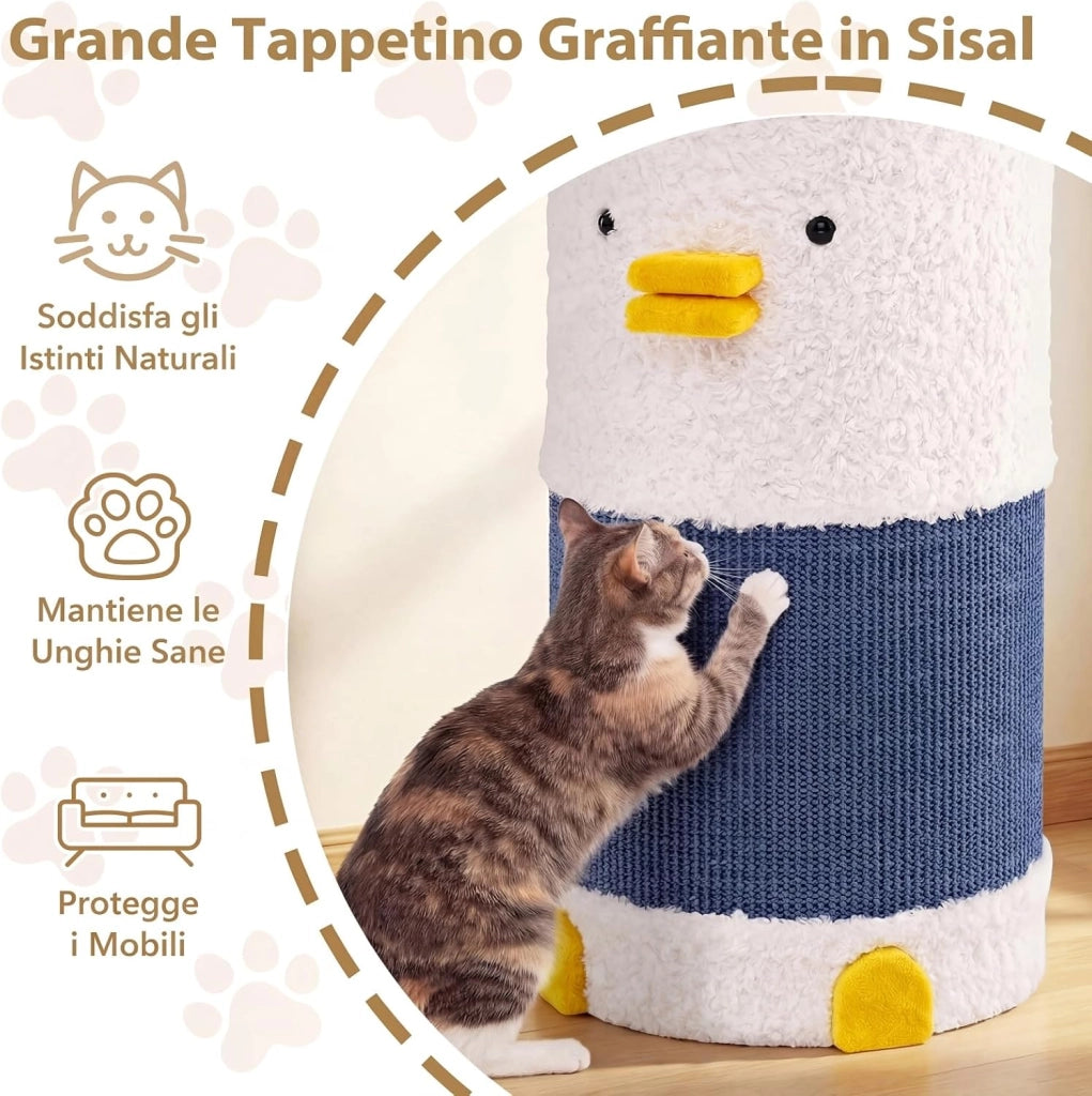 Casa per Gatti da Interno, Cuccia per Catti a 2 Piani con Tappetino in Sisal per Graffiare, Grotta Nascosta, Letto Coperto, Casetta Moderna per Più Gatti, Mobile a Forma di Barile con Anatra
