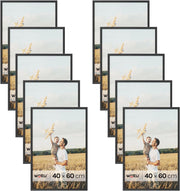 Set di 10 Cornici Foto 40x60 cm con Passepartout, Portafoto da Parete e Tavolo, Verticale o Orizzontale, in Legno Massiccio, Nero