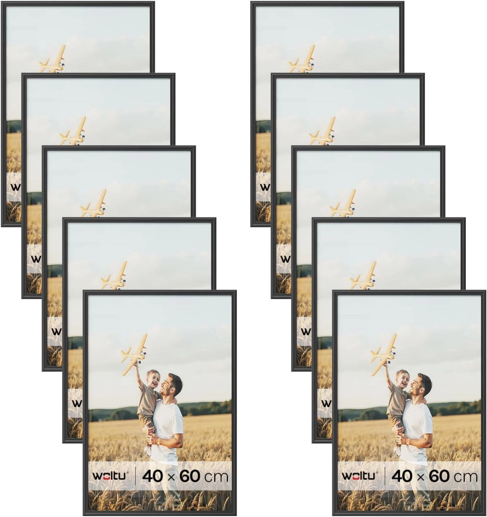 Set di 10 Cornici Foto 40x60 cm con Passepartout, Portafoto da Parete e Tavolo, Verticale o Orizzontale, in Legno Massiccio, Nero