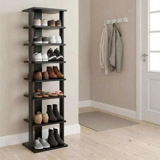 Rack per scarpe in legno 8 strati, opberging verticale per 8 pair, dimensioni 27,5x26,5x110cm, colore nero