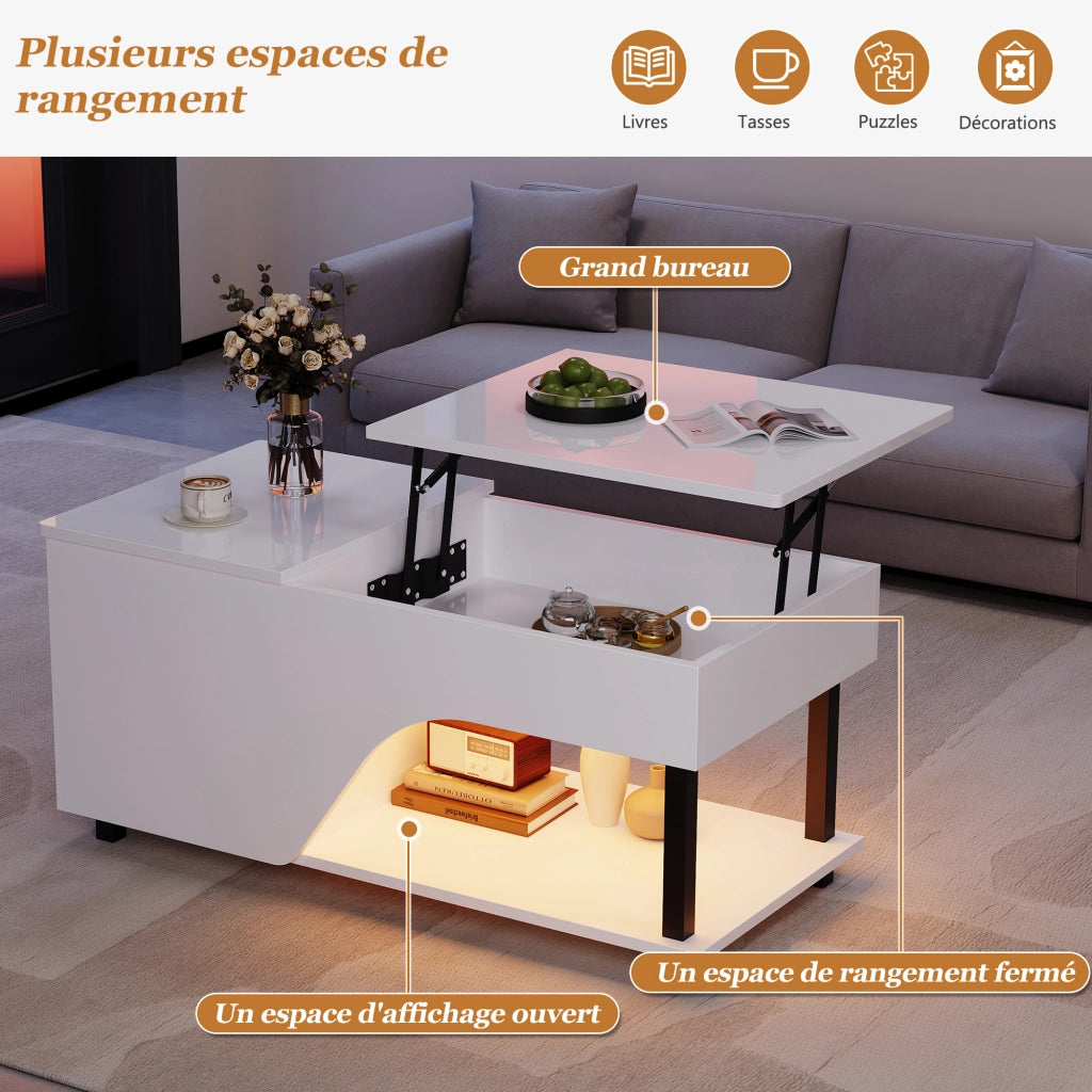 Tavolino da caffè alzabile con vano portaoggetti e ripiani laterali - per soggiorno - 50×100×46 cm - bianco