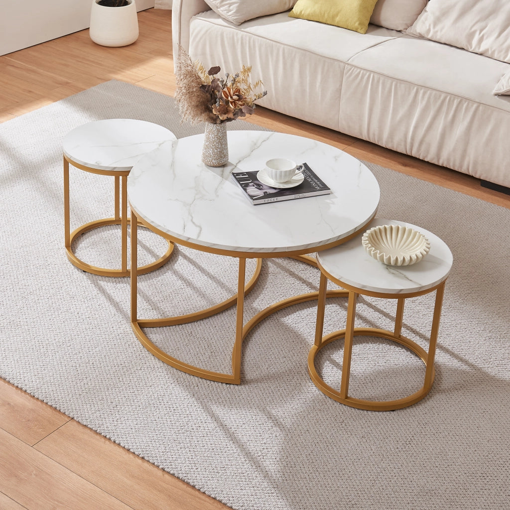 Set Christchurch 3 Tavolini Sovrapponbili con Piani Rotondi - Effetto Marmo Bianco / Oro [en.casa]