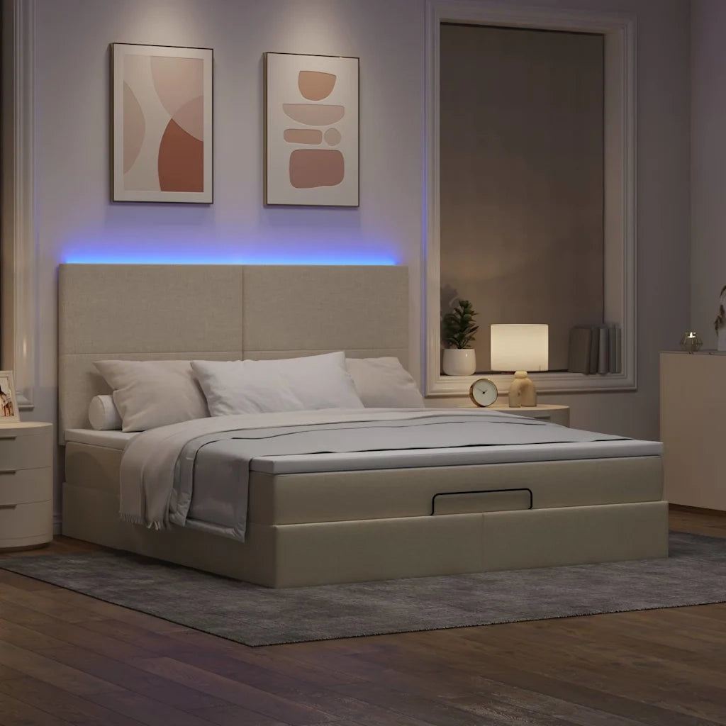 Struttura Letto Pouf con Materasso Crema 160x200 cm in Tessuto