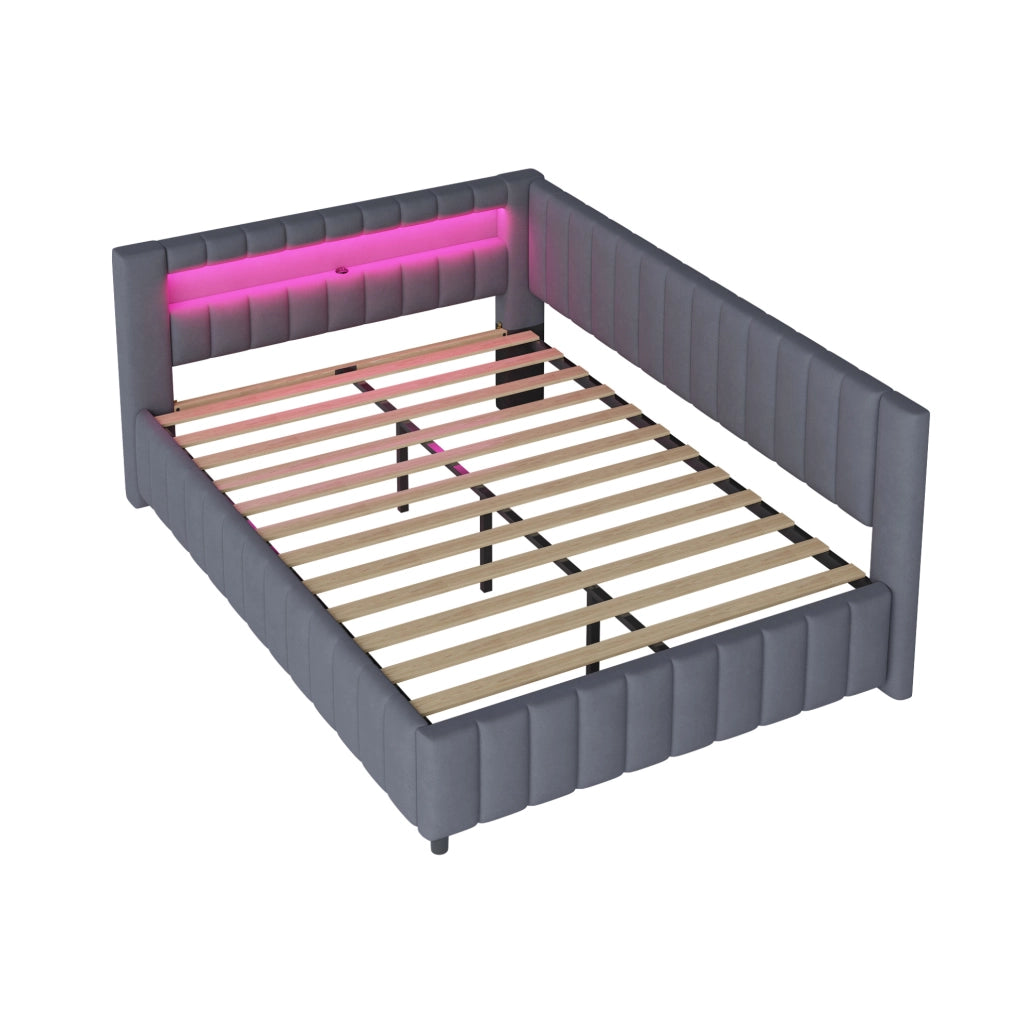 Divano letto 140x200 cm; design a L con LED e USB; velluto grigio (Senza materasso)