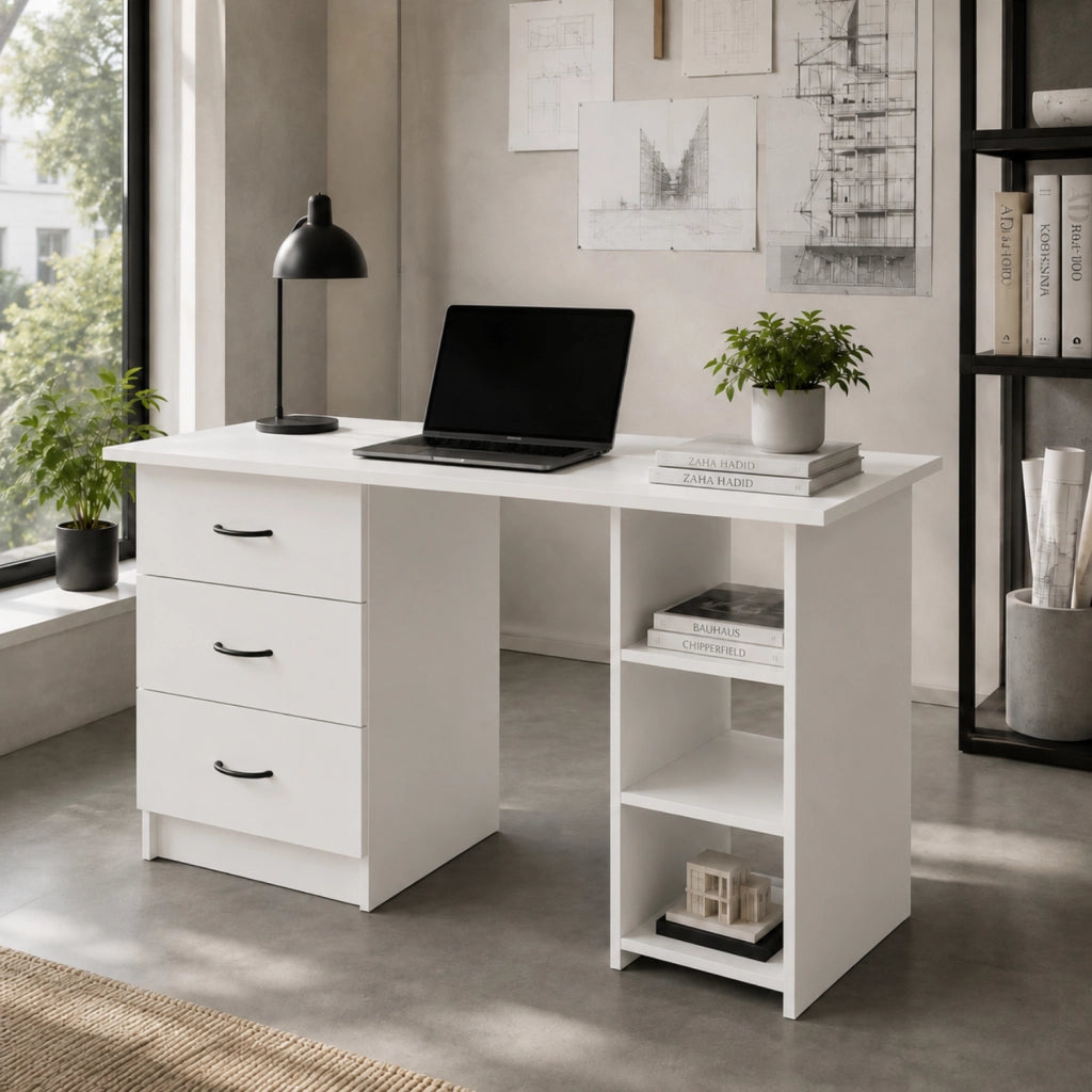 Scrivania Moderna Con 3 Cassetti E 3 Vani A Giorno Struttura In MDF Resistente Design Minimal Ideale Per Ufficio Studio Cameretta E Smart Working 120 X 49 X 72 Cm Bianco