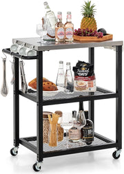 Carrello Grill da Esterno a 2/3 Piani, Supporto per Forno per con Piano e Maniglia in Acciaio Inossidabile, Carrello per Barbecue con Ganci e Ruote, Multiuso(3 Livelli)