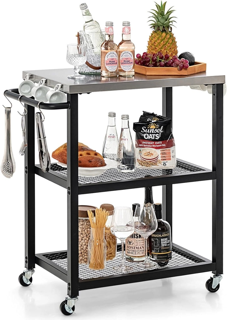 Carrello Grill da Esterno a 2/3 Piani, Supporto per Forno per con Piano e Maniglia in Acciaio Inossidabile, Carrello per Barbecue con Ganci e Ruote, Multiuso(3 Livelli)