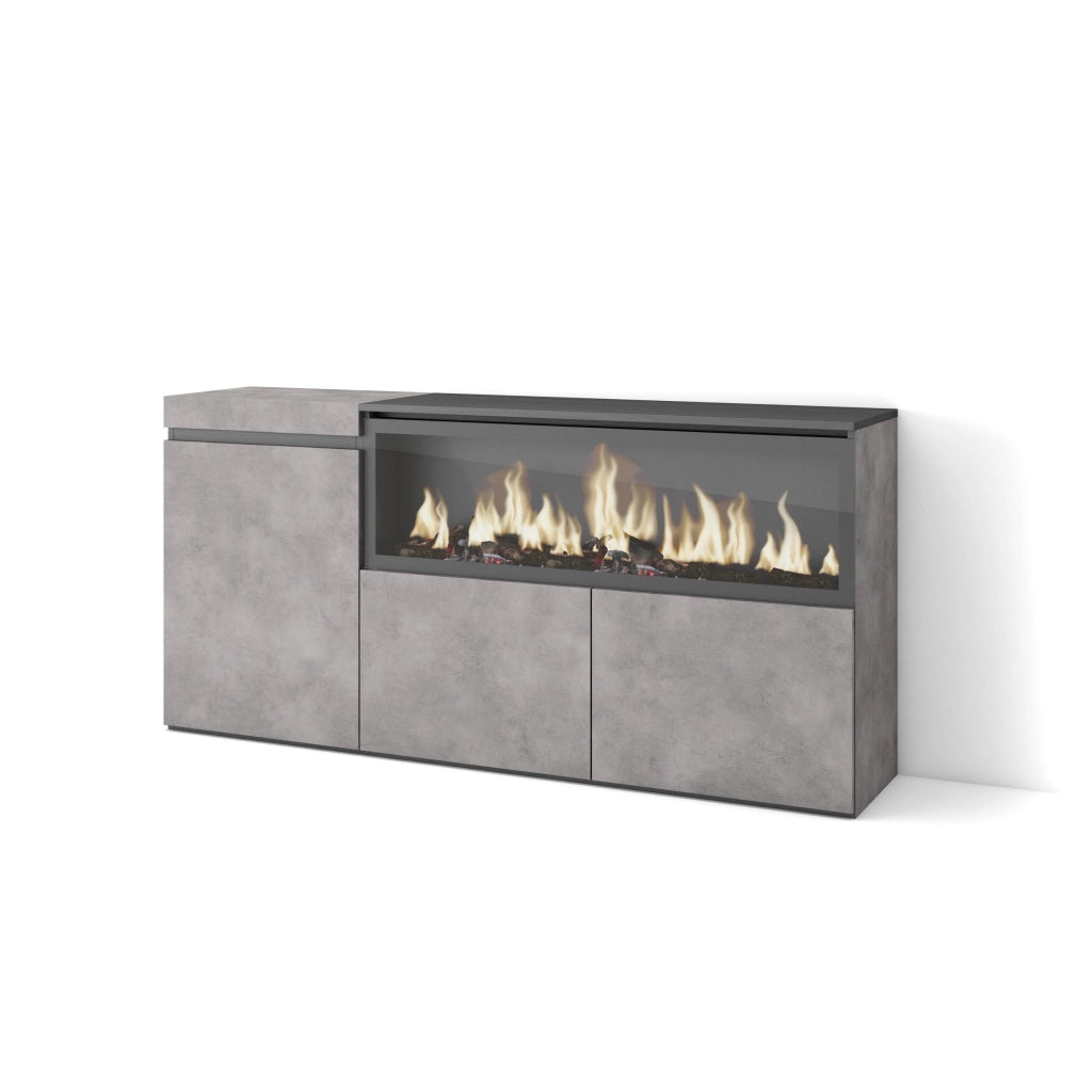 Credenza, Mobile, 158x35x75cm, 3 Porte, Camino elettrico XXL, grigio cemento RF3287