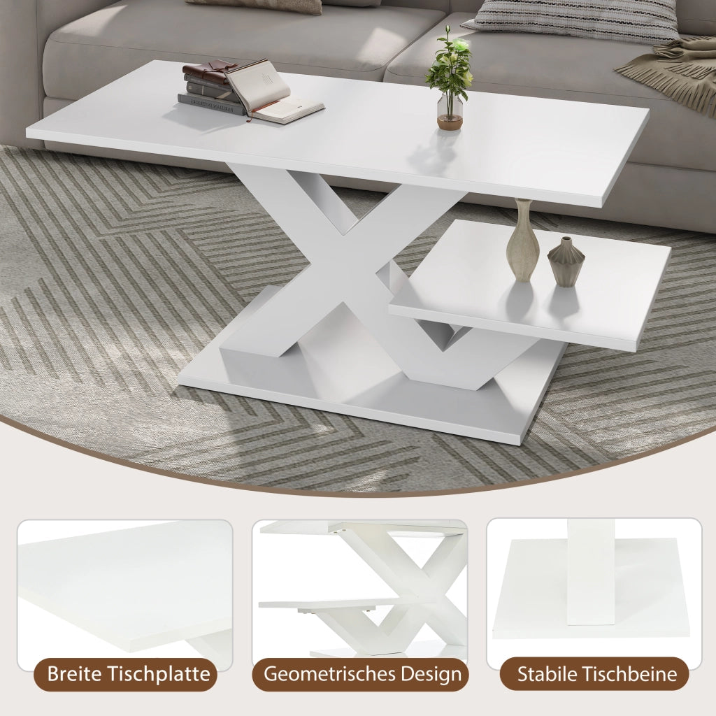 Tavolino basso rettangolare con doppio piano e struttura a x, in MDF lucido, per soggiorno, bianco 100 × 48 × 45 cm