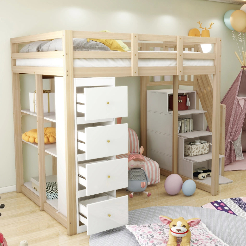OKWISH Letto a Soppalco 140×200 cm, Letto Matrimoniale con 4 Cassetti, Scala con Cassetti e Mensole, senza Materasso, Naturale e Bianco