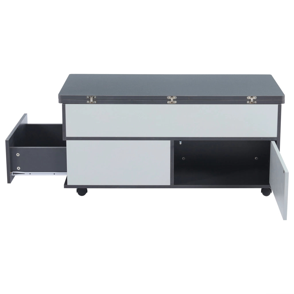 Tavolino Da Caffè Sollevabile con 1 Cassetto e 1 Armadio; Piani Idraulici; con Ruote; Stile Moderno; in Pannello Truciolare; Grigio E Bianco; 100×98×65 cm