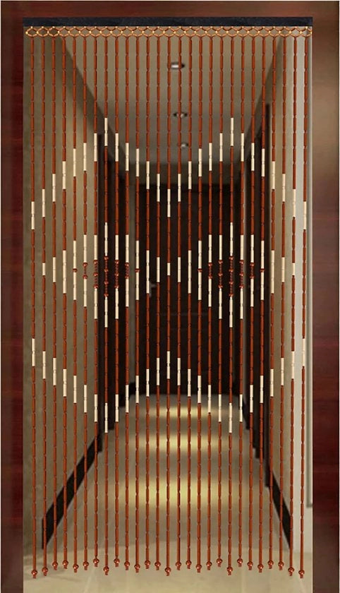 Portale di ingresso per giardino in legno con decorazioni in perle e coda di gatto in bamboe, con palline in bamboe marrone.