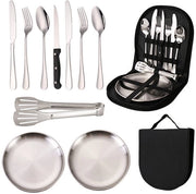 Set di Cucina da Campeggio - Tavolo da Pic-Nic Portatile - Fornito di Cucchiaio - Forchetta - Coltellino - Piatto - Clip in Acciaio Inossidabile per Outdoor - Viaggiare - Escursioni - 2 Persone (10 pezzi)