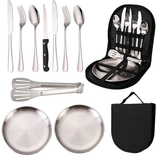 Set di Cucina da Campeggio - Tavolo da Pic-Nic Portatile - Fornito di Cucchiaio - Forchetta - Coltellino - Piatto - Clip in Acciaio Inossidabile per Outdoor - Viaggiare - Escursioni - 2 Persone (10 pezzi)