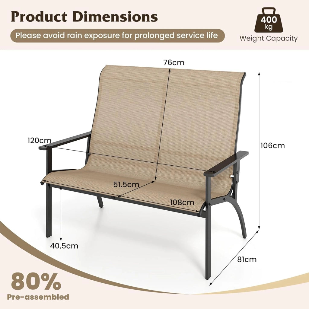 Panca giardino esterno a 2 posti, sedia Adirondack in Textilene con carico di 400 kg, panca di terrezza con schienale alto e braccioli per patio, balcone, 81 x 120 x 106 cm
