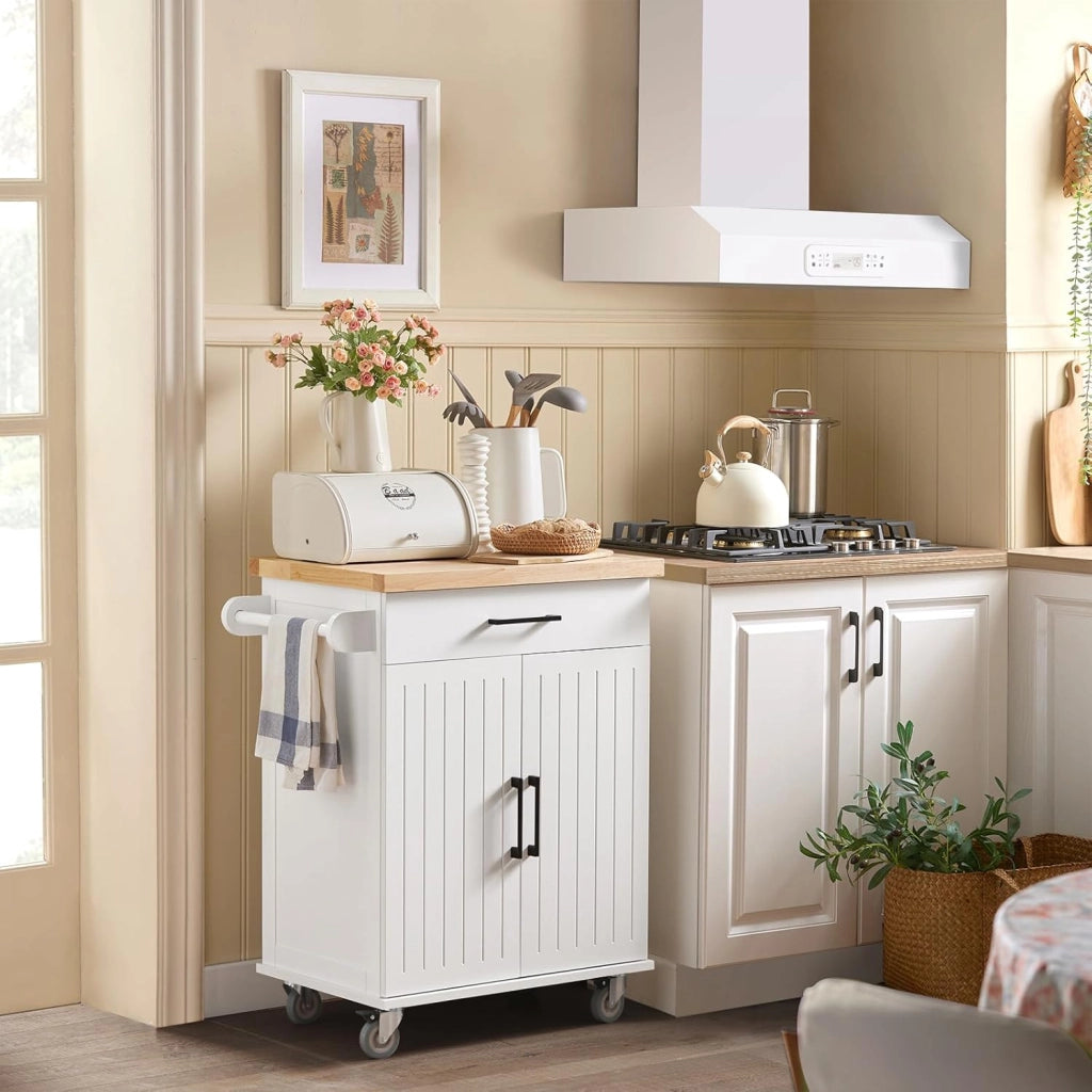 Carrello cucina con ruote, piano in legno di gomma, mobile cucina salvaspazio in MDF, isola cucina moderna – Ideale per cucina, sala da pranzo o ristorazione – 74x91x46 cm, FKW119-WN