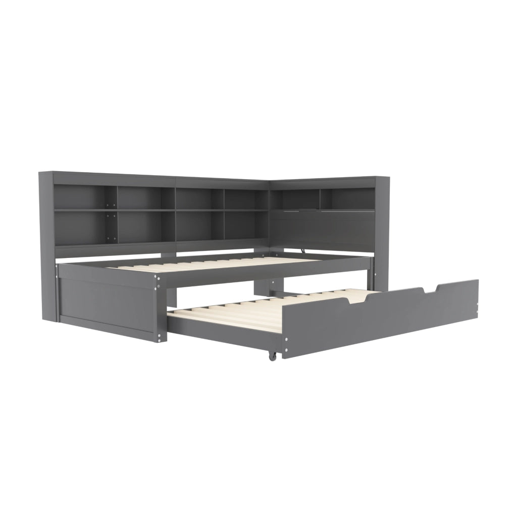 OKWISH Letto a Divanetto 90×200 cm, Letto Singolo con Letto Estraibile 90×190 cm, USB, Vani Contenitore e Mensole, senza Materasso, Grigio