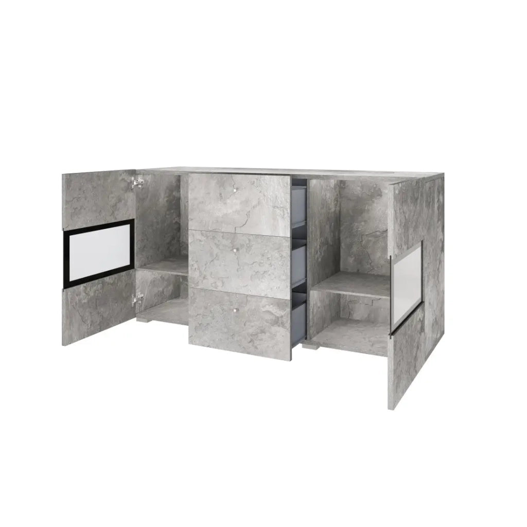 Buffet RAMOS – 2 porte in vetro + 3 cassetti – Grigio effetto cemento e nero – Senza LED