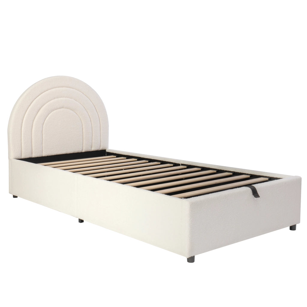 Letto imbottito 90x200 cm in bouclé beige con contenitore idraulico e testiera imbottita
