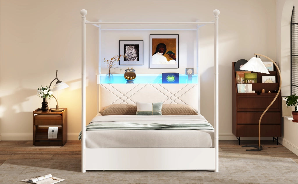Letto matrimoniale 140 × 190 cm con contenitore, 3 cassetti, LED, USB e Type-C, senza materasso, bianco