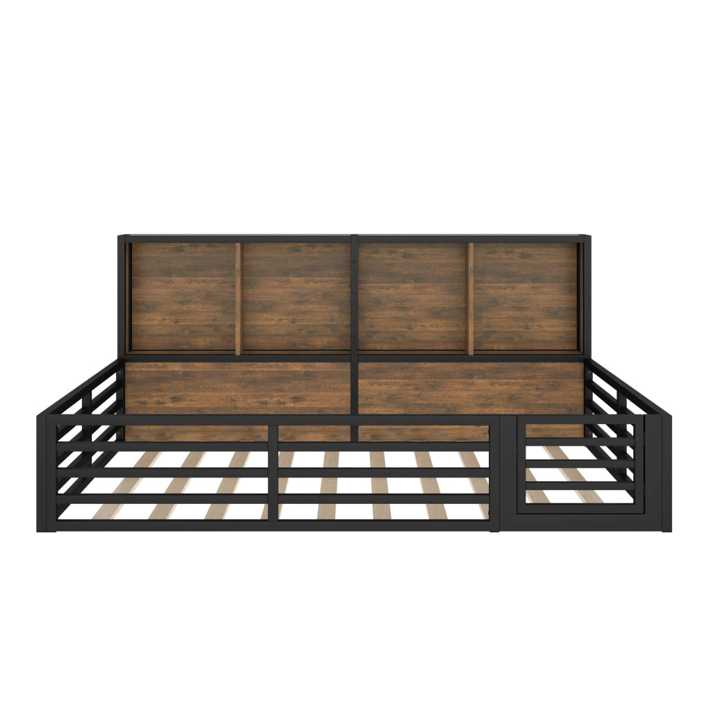 Letto 140x200 cm con LED; sponde e vani portaoggetti in MDF e metallo nero