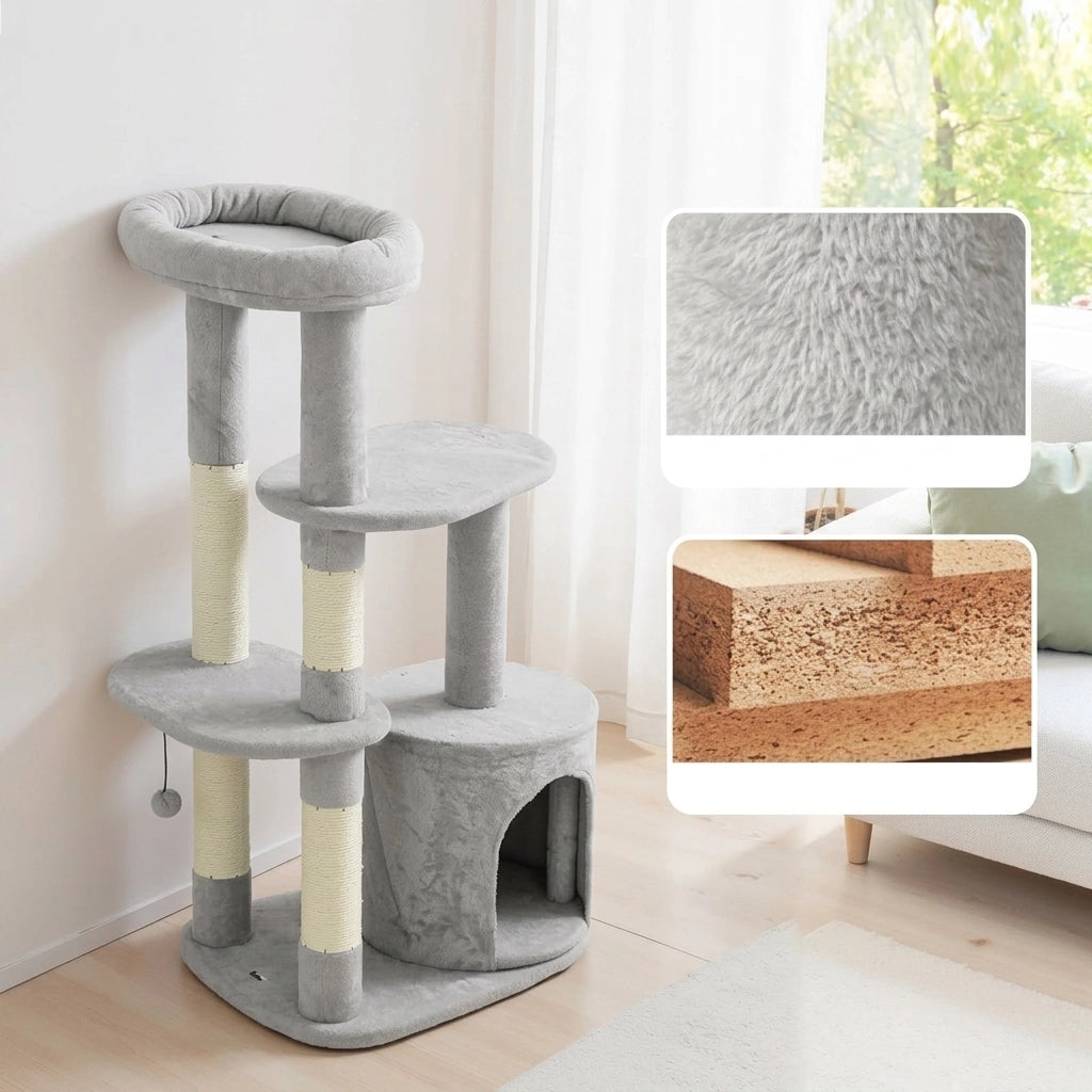 Tiragraffi per Gatti a Più Livelli con Cuccia e Piattaforme; 114 cm Grigio Chiaro