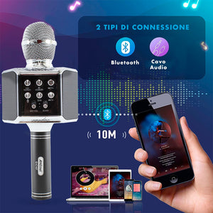 Microfono Karaoke Wireless con Luci Led Registra Canta e Riproduce Musica Nero