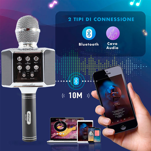 Microfono Karaoke Wireless con Luci Led Registra Canta e Riproduce Musica Nero