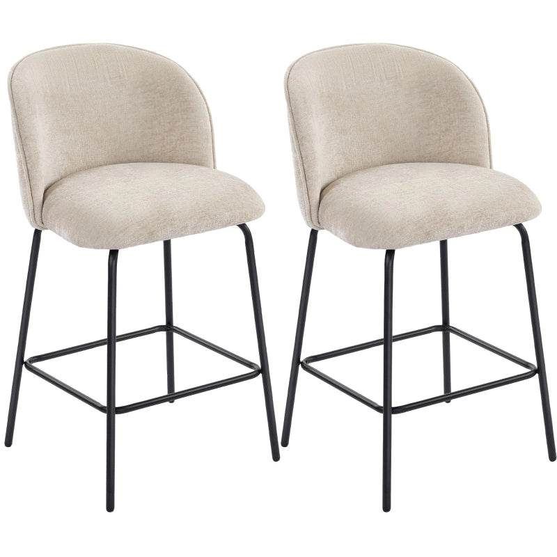 Set di 2 sgabelli da bar imbottiti con schienale e poggiapiedi, gambe in acciaio, beige