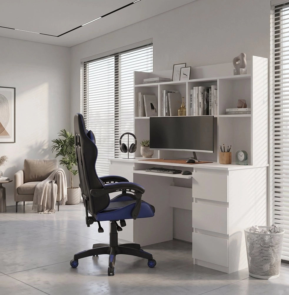 Scrivania KUBA con alzata bianco + poltrona REMUS blu set 6 cassetti per ufficio e studio