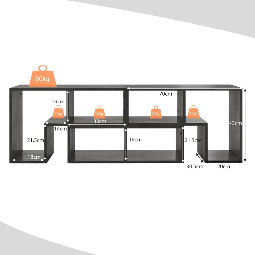 Mobile TV Soggiorno in Legno, Mobile Porta TV Liberamente Combinabile, per TV fino a 65”, Mobiletto TV Multifunzione con 6 Vani Aperti, 134 x 30 x 43 cm (Grigio)