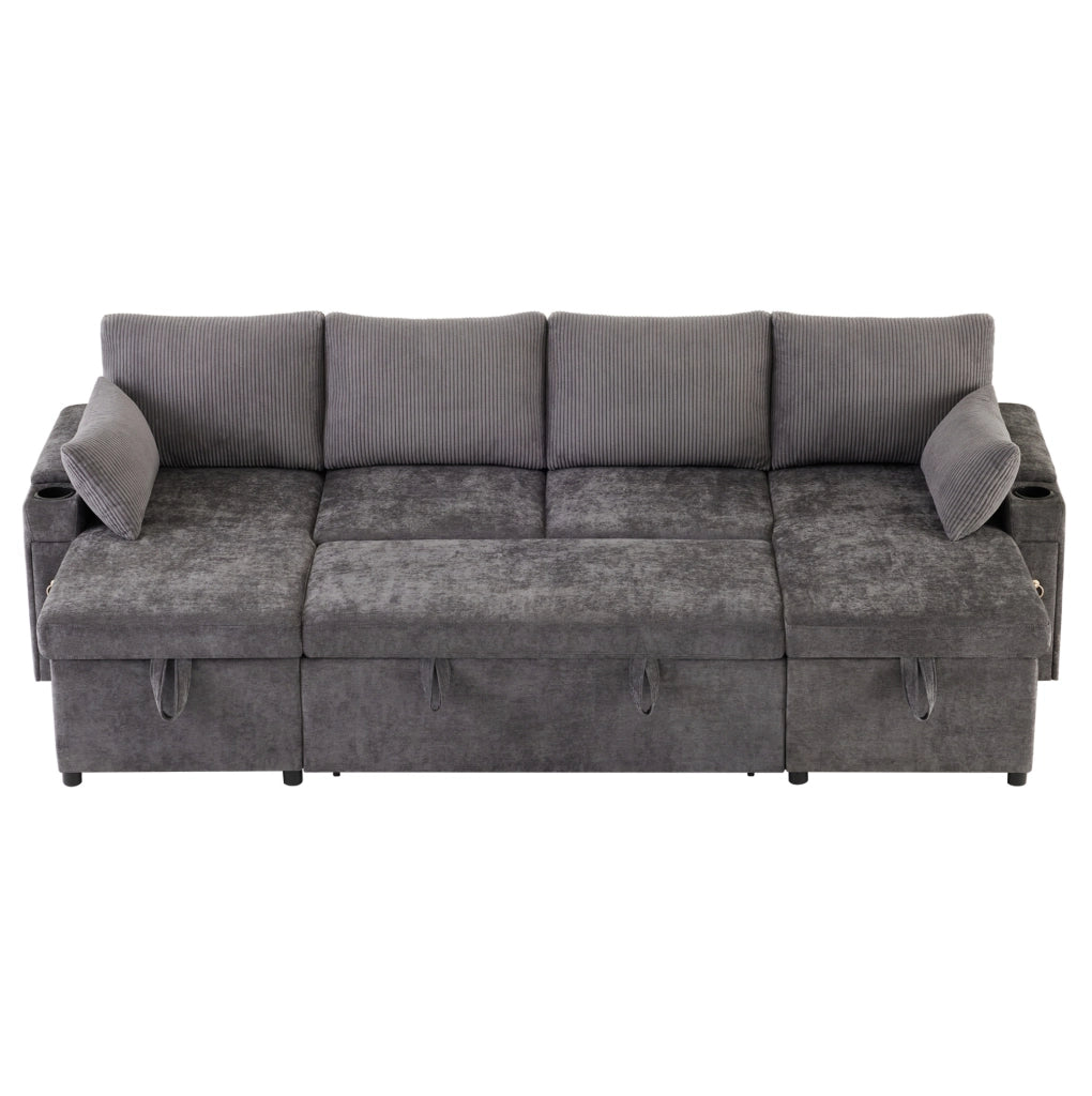 Divano letto modulare a U; 4 posti; con contenitore e portabicchieri; 272 x 131 x 84 cm; grigio