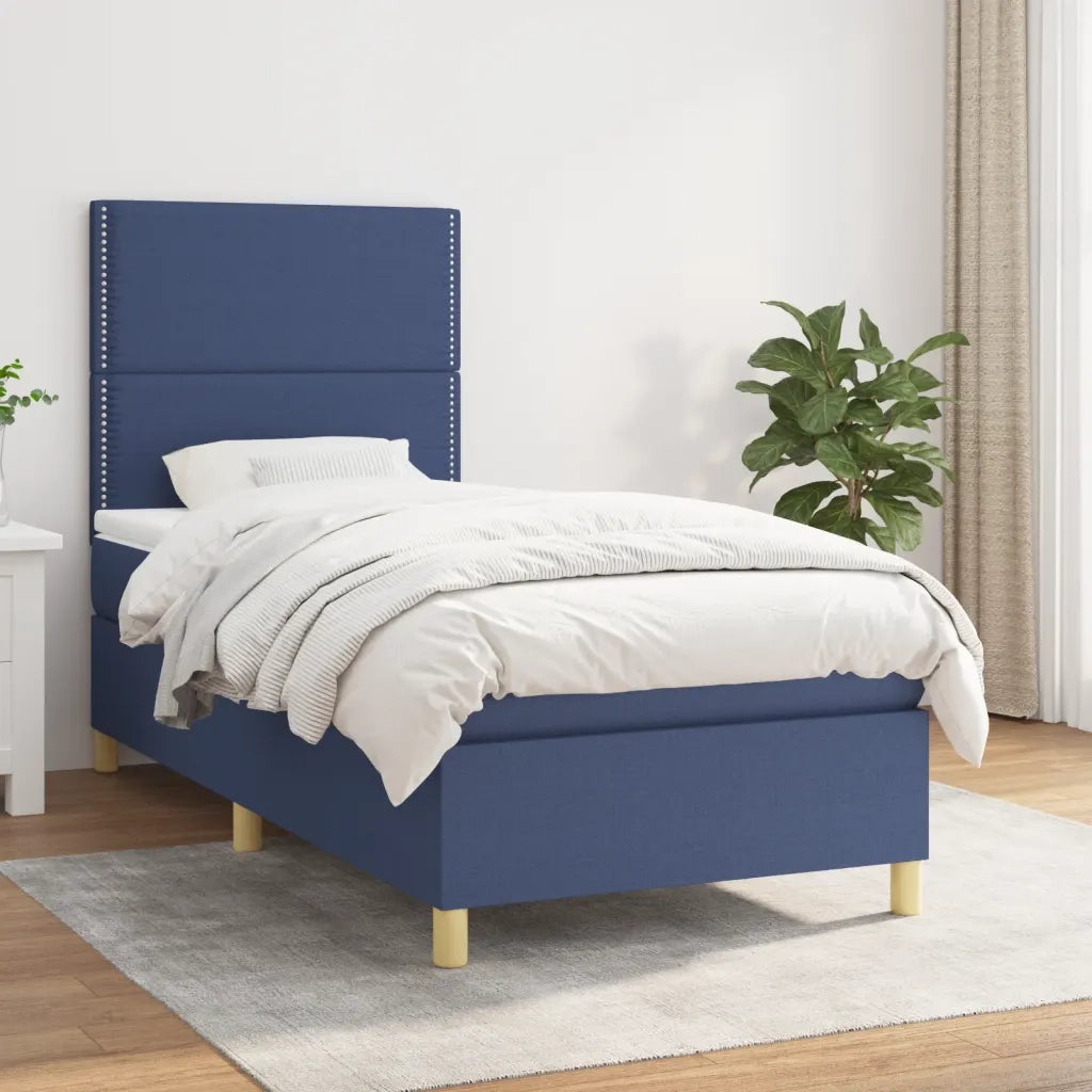 Letto singolo | Letto per adulti | Giroletto a Molle con Materasso Blu 90x190 cm in Tessuto