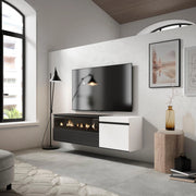 Mobile TV Soggiorno, 150x35x45cm, Per TV fino a 65", Camino elettrico, da appendere, Bianco e nero RF2444