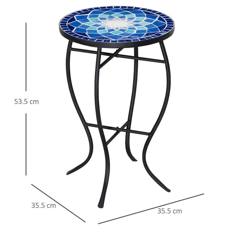 TAVOLINO DECORATIVO DA GIARDINO ROTONDO CON MOSAICO 35.5X53.5CM BIANCO E BLU