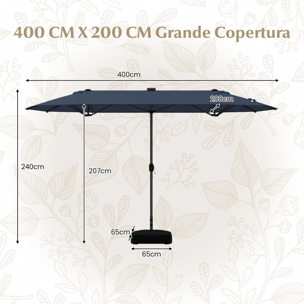 Ombrellone doppio da giardino con luci solari 4x2m, Ombrellone rettangolare grande con manovella base Blu