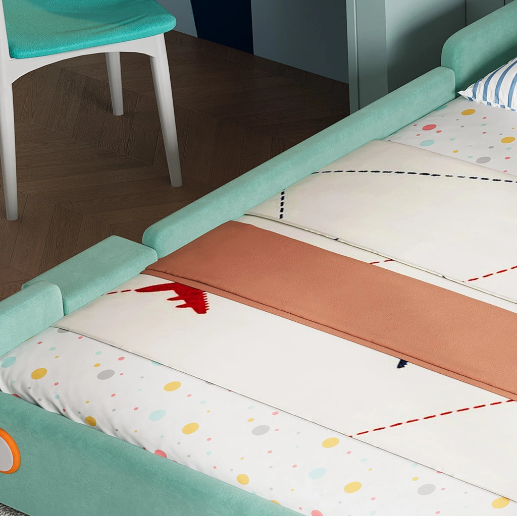 Letto a forma di auto ULEVR 90x200 cm con scivolo e scala reversibili, imbottito blu-verde