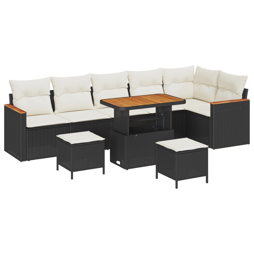 Set Divano da Giardino  9 Pezzi con Cuscini Nero Polirattan Acacia