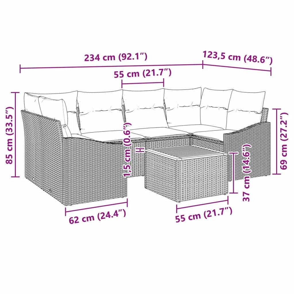 Set Divano da Giardino con cuscino 7 pcs Nero polyrattan