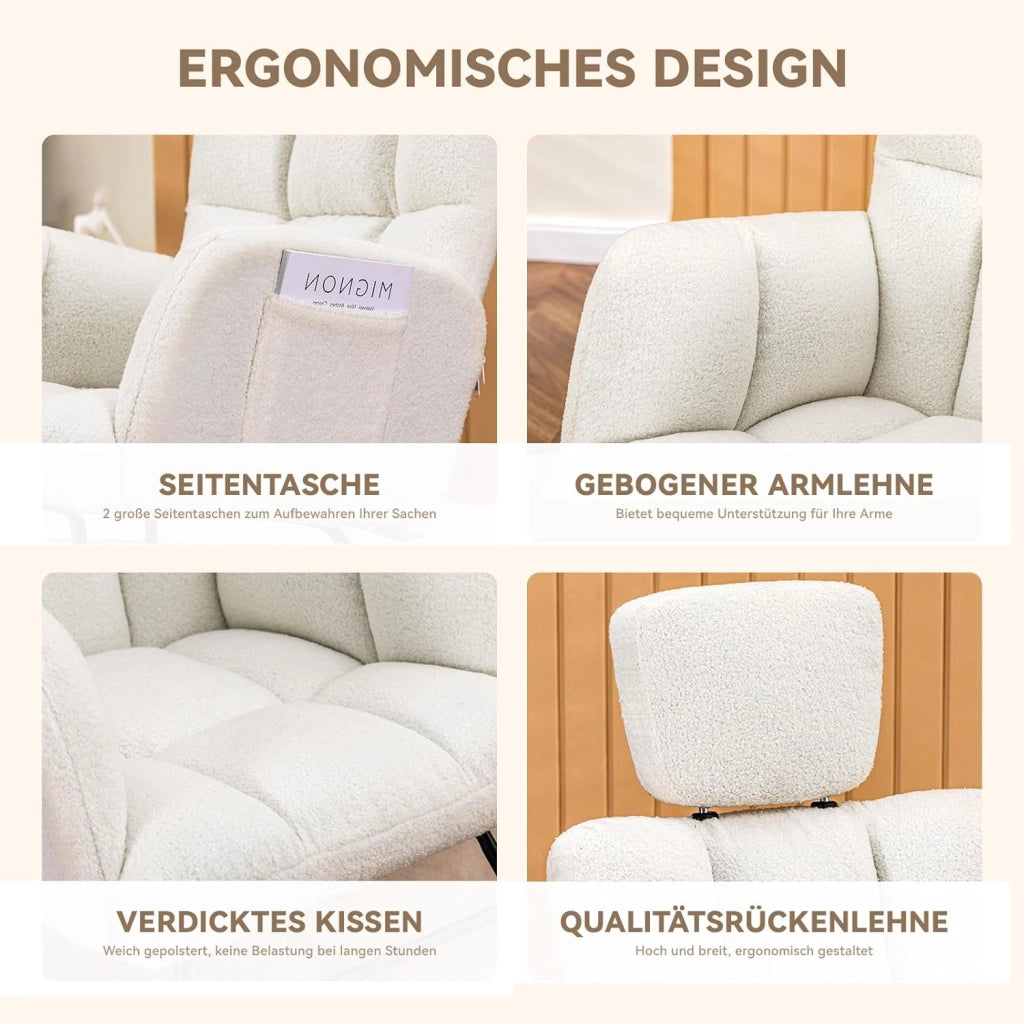 Poltrona a dondolo, poltrona relax con braccioli Poggiatesta in peluche felpato, portata massima 150 kg, sedia a sdraio da giardino per camera da letto, soggiorno, beige