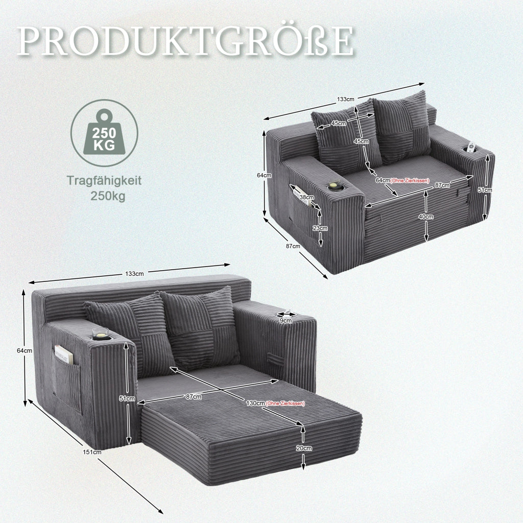 Pouf divano 151x133x64 cm in velluto a coste grigio con tasche laterali e 2 cuscini