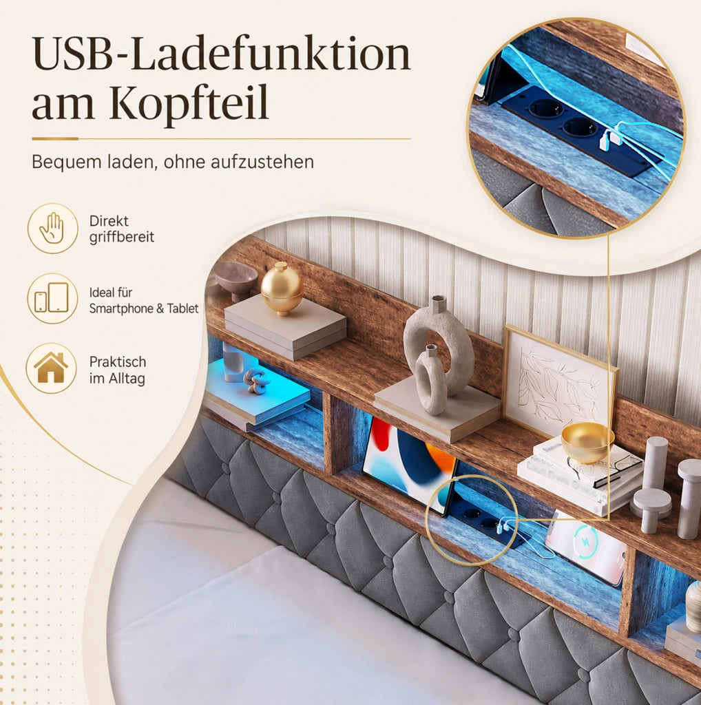 Letto singolo imbottito 90x190 cm con LED, ricarica e 2 cassetti
