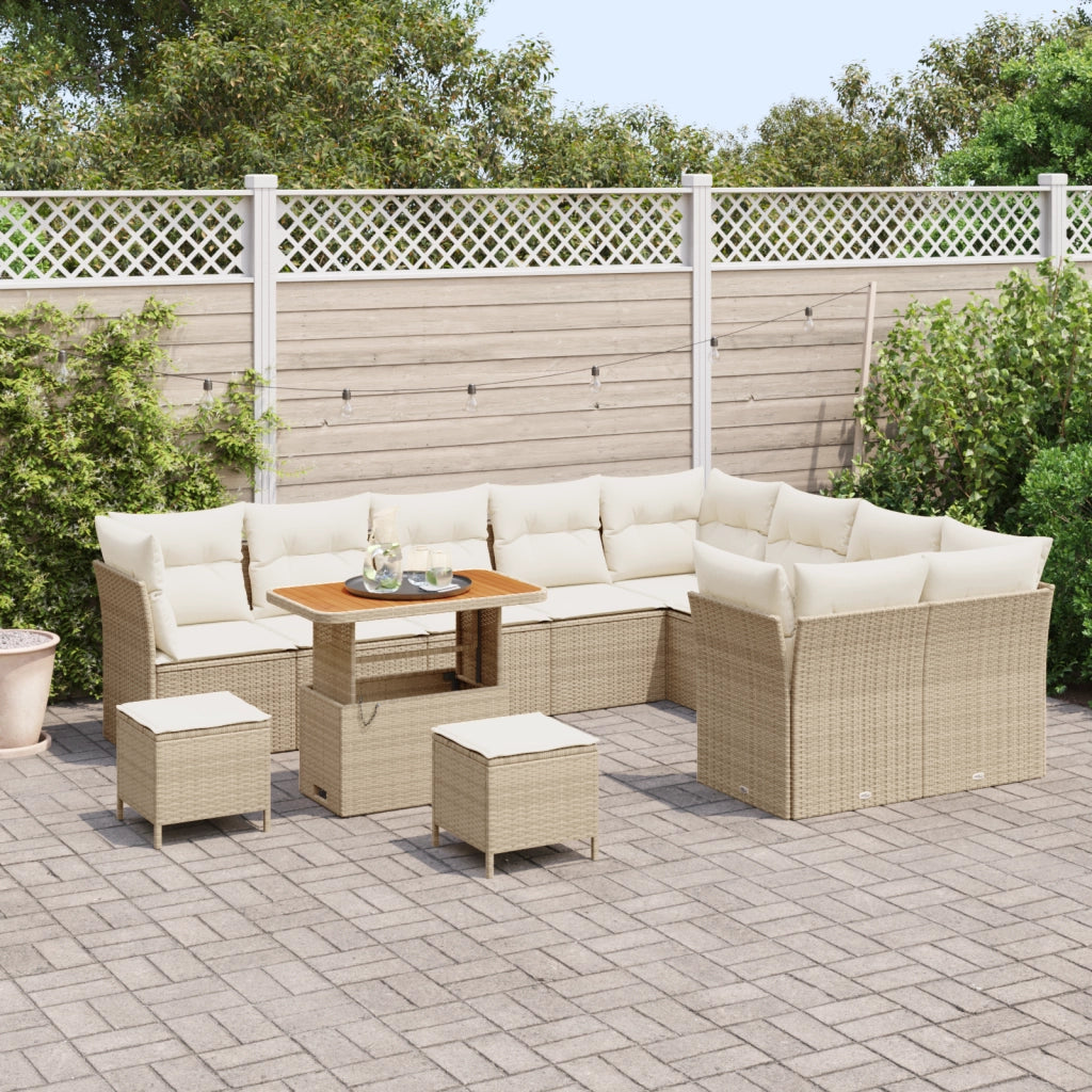 Set Divano da Giardino con Cuscini da 12 Pezzi Beige Polyrattan Acacia