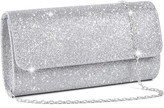 Borsa a Catena, Borsa da Sera, Borsa a Tracolla con Glitter, Borsa a Catena per Donne, Borsa a Tracolla con Spalla per Matrimonio e Festa (Argento)