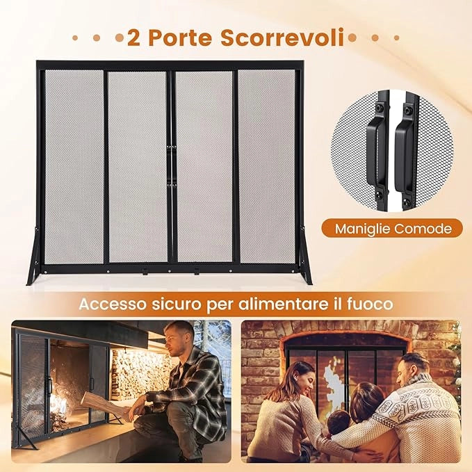 Griglia Parascintille Camino con 2 Pannelli Scorrevoli, Maniglie Convenienti e Telai di Supporto a Triangolo, Ventilazione Eccellente, Schermo per Camino in Rete Metallica (89 x 72 cm)