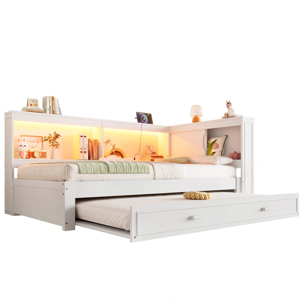 OKWISH Letto a Divano 90×200 cm, Letto Singolo con Letto Estraibile, LED Regolabile, Presa, USB e Tipo C, senza Materasso, Bianco