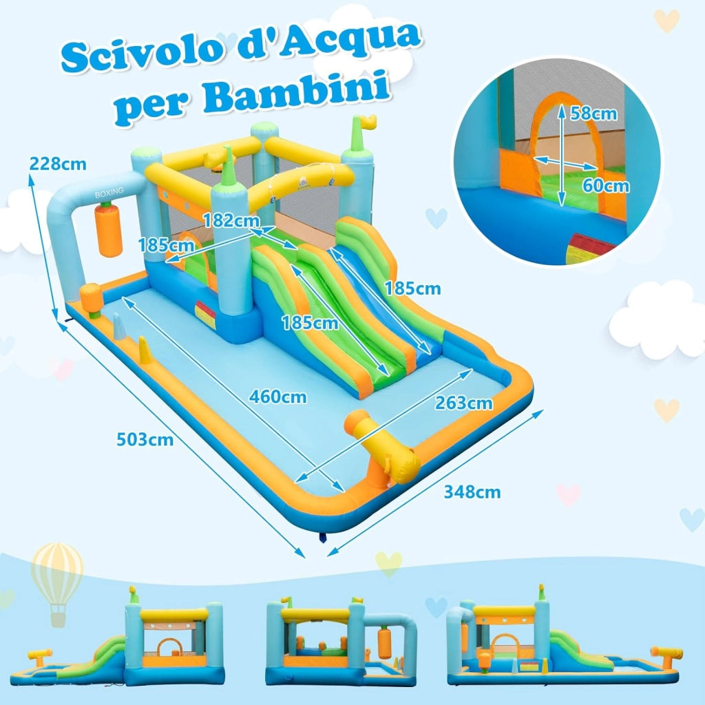 Castello Gonfiabile per Bambini, Casa Gonfiabile con 2 Scivoli, Piscina, Cannone d'Acqua e Sacco da Boxe, per 2 Bambini 3-10 Anni, 503 x 348 x 228 cm