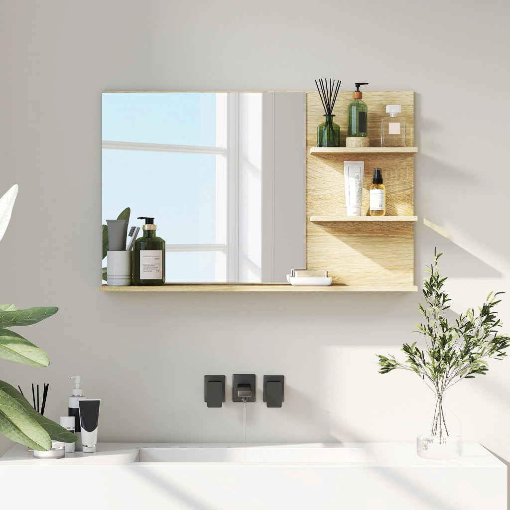 Specchio Bagno da Parete 75x10x48 cm con Mensole in Legno e Vetro Color Legno