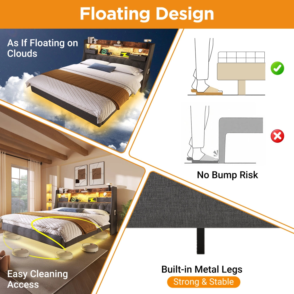 OKWISH Letto Contenitore 160×200 cm, Letto Matrimoniale con LED Regolabile, USB, Type C e Testiera con Vano Portaoggetti, Materasso Incluso, Lino, Grigio